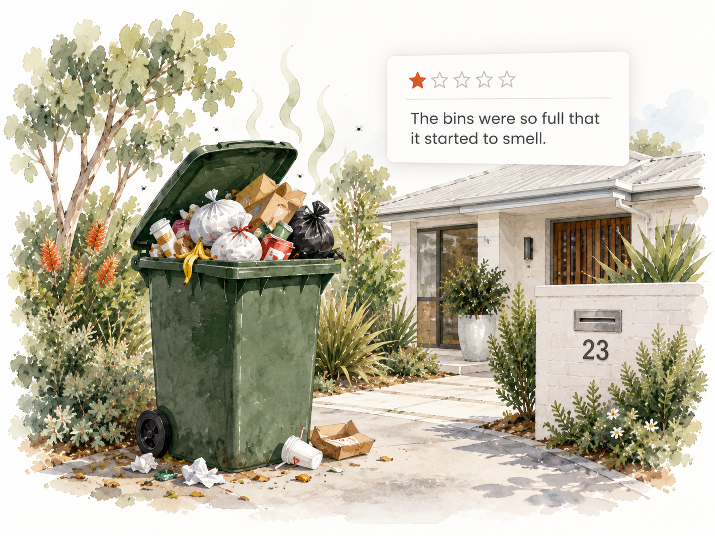 Illustration of guests with suitcases arriving beside an overflowing wheelie bin