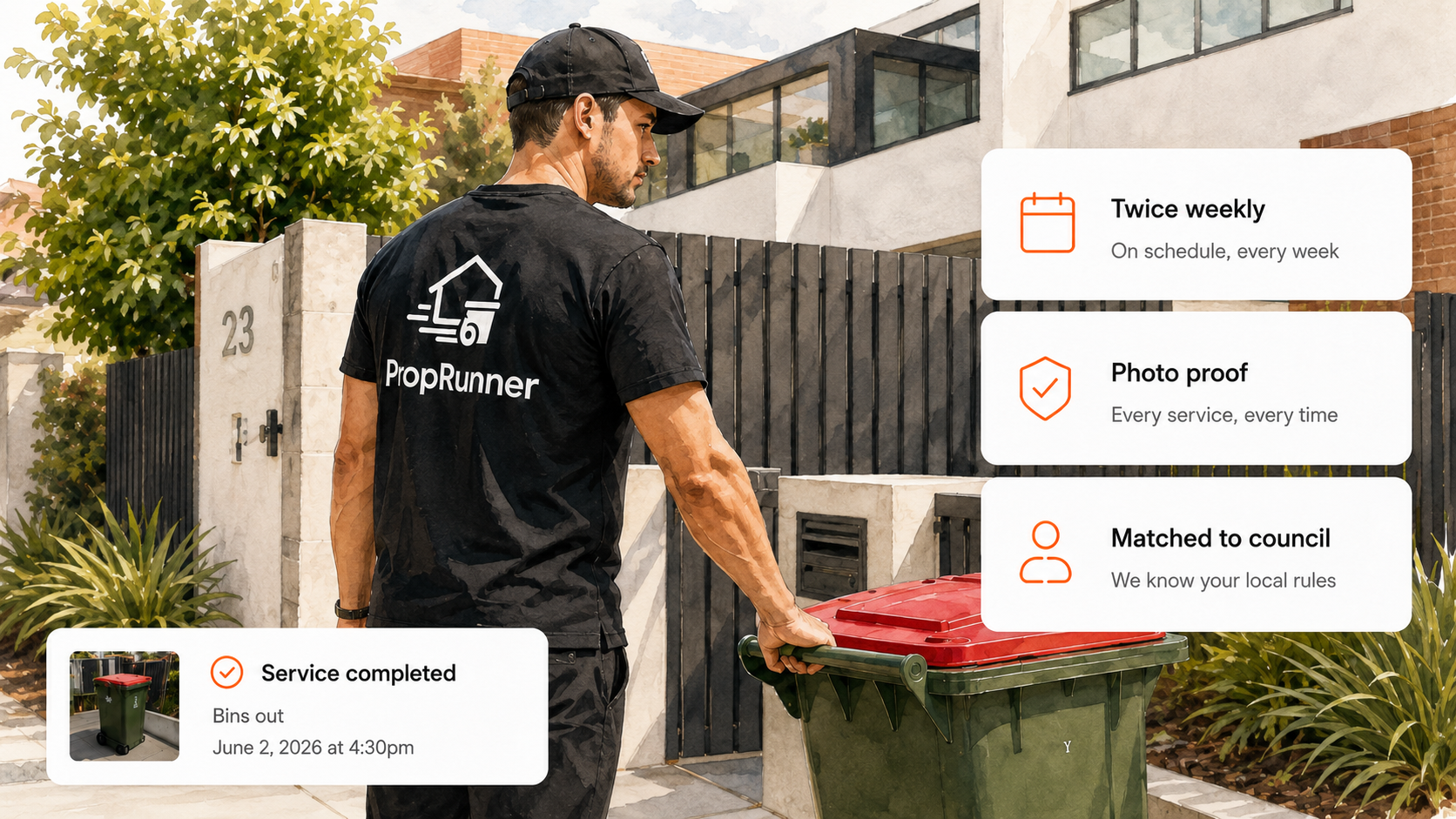 PropRunner runner wheeling council bins to the kerb outside an Australian rental property