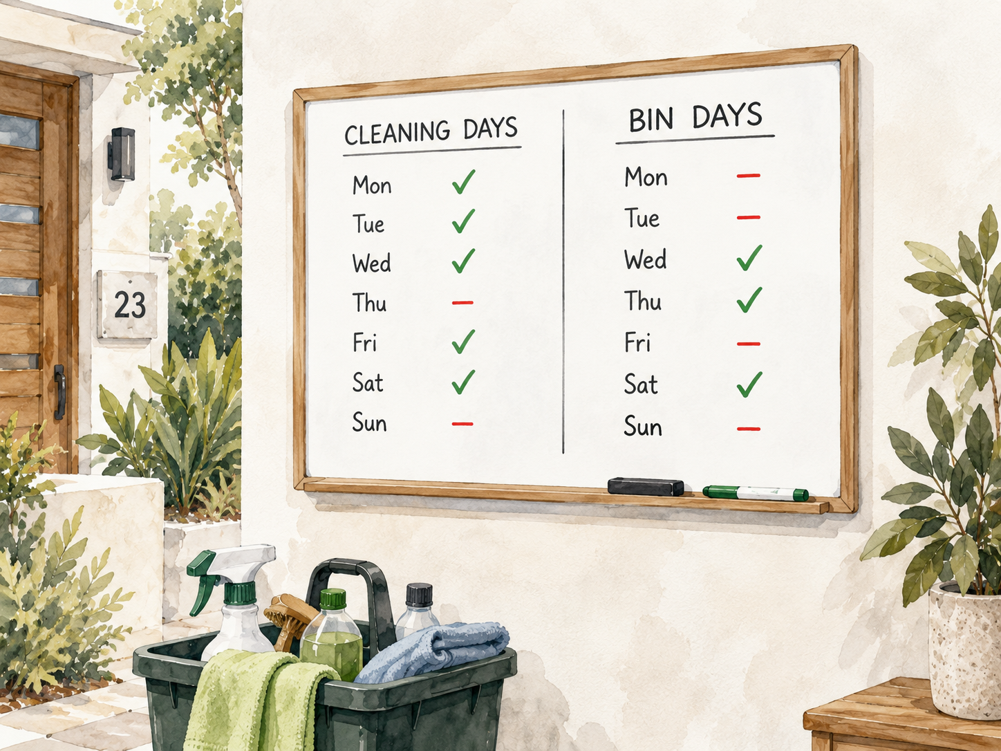 Illustration of a cleaner comparing cleaning days and bin days on a whiteboard